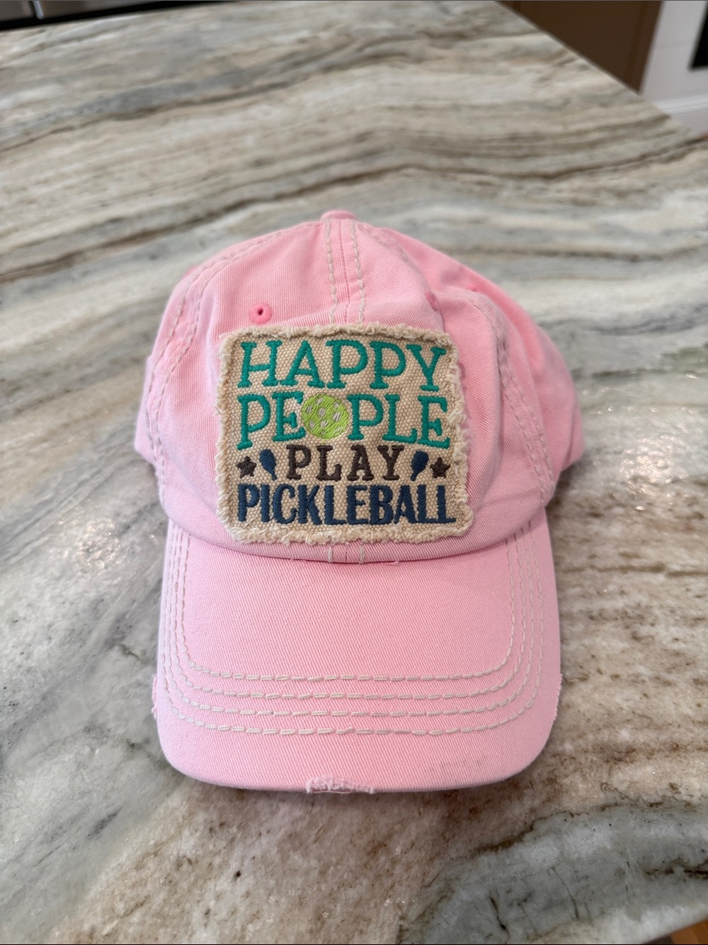Pink "Happy People Play Pickleball" Distressed Baseball Cap NWOT